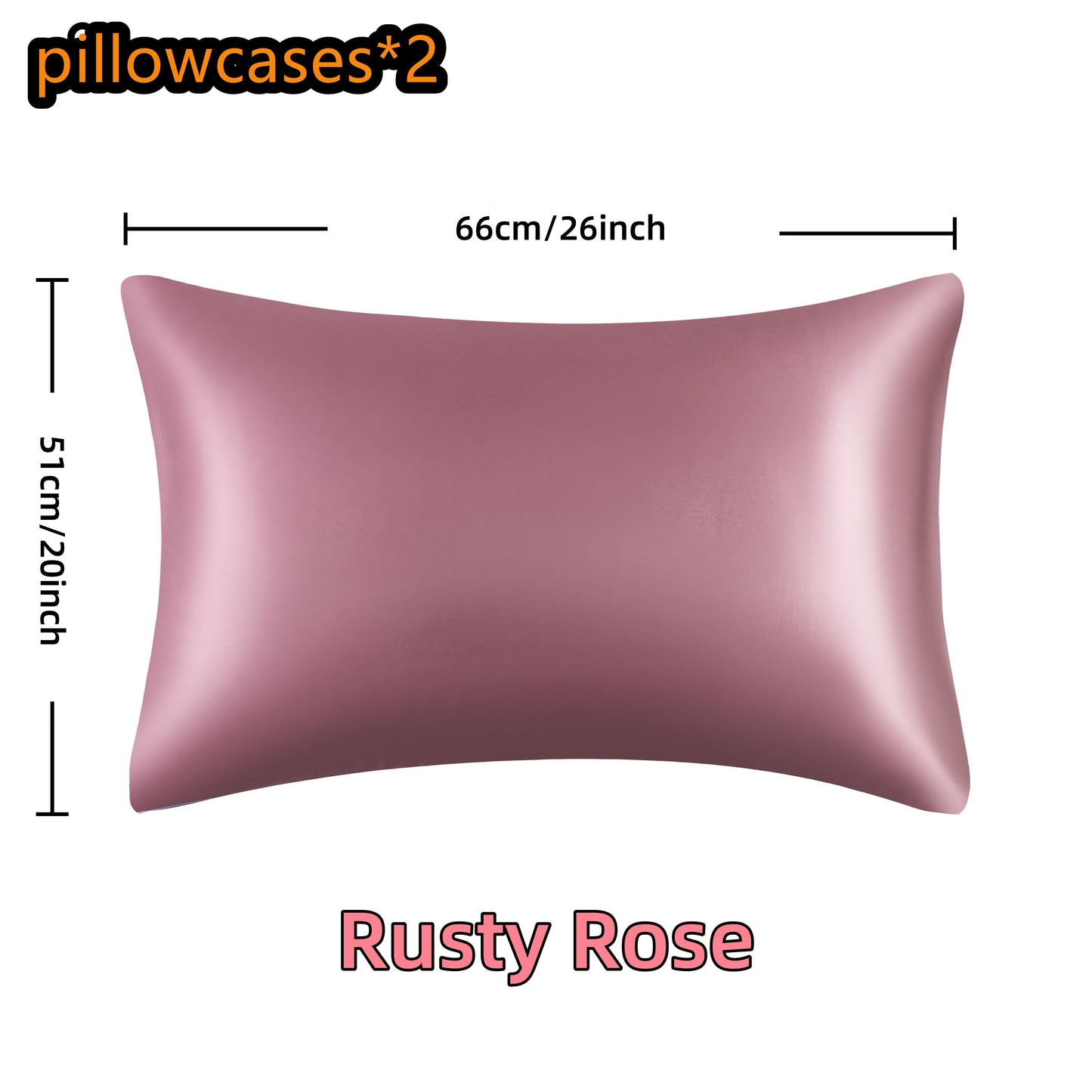 Two pieces of luxurious satin pillowcases available in various colors. These pillowcases feature a smooth and glossy finish with an envelope closure for convenience. They are machine washable and made of 100% polyester. No filler is included.