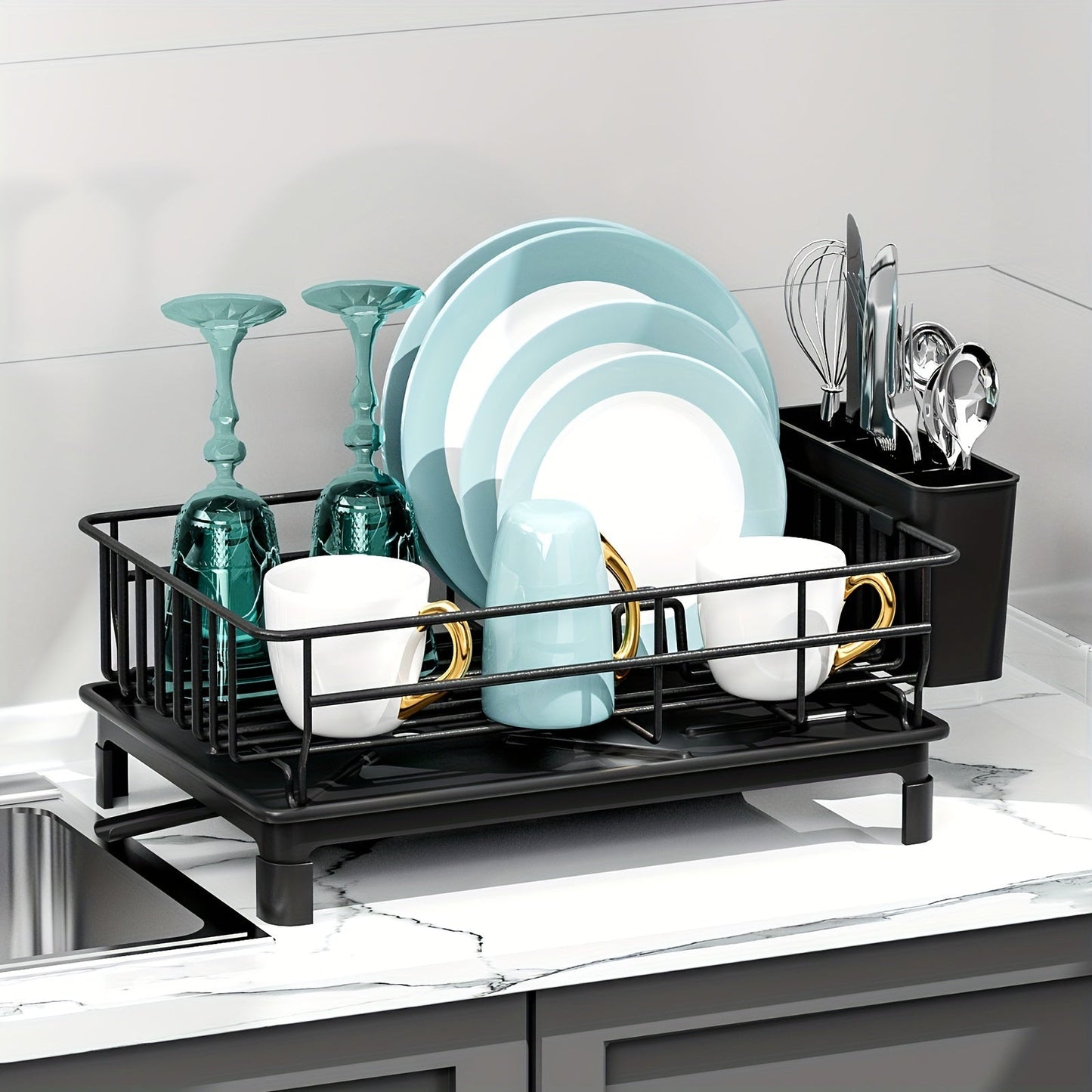 Large black dish drying rack with drainboard, adjustable spout, utensil holder, and knife slots. Perfect for organizing your kitchen counter, made of durable metal and plastic. Ideal dish drying rack for your kitchen counter.