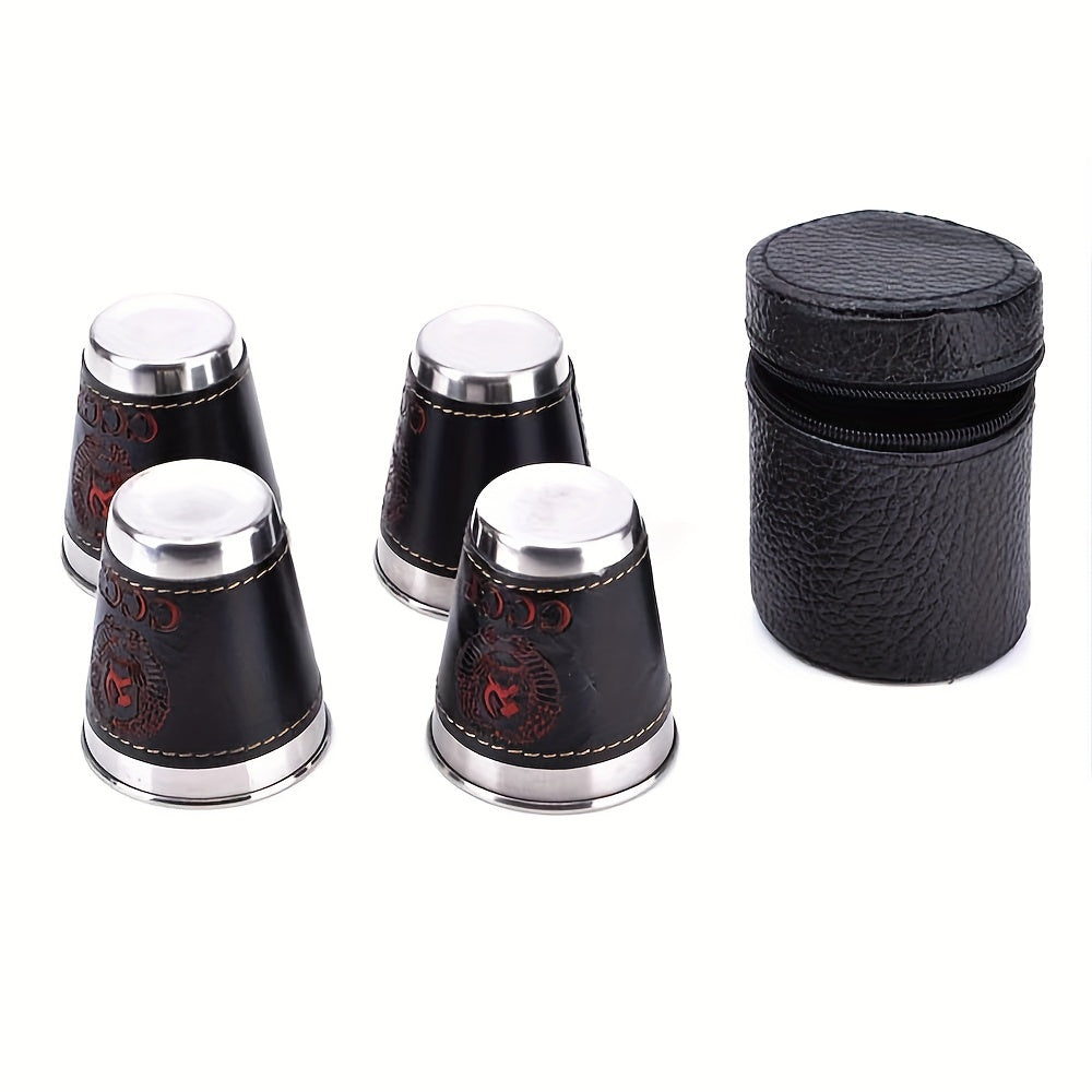 Set of 4 70ml stainless steel camping cups with faux leather carry bag CoSenNo_GRANTEDville_FL