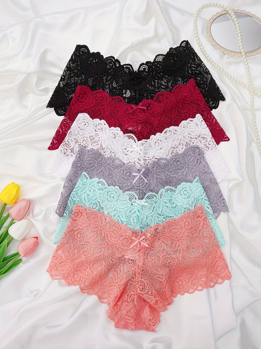 6 Women's lace boyshort panties with floral jacquard pattern, bow detail, nylon blend, assorted colors.