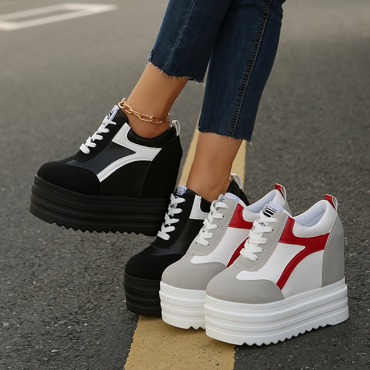 Women's platform sneakers with lace-up closure, fabric lining, lightweight construction, solid color, and low-top design for year-round wear.