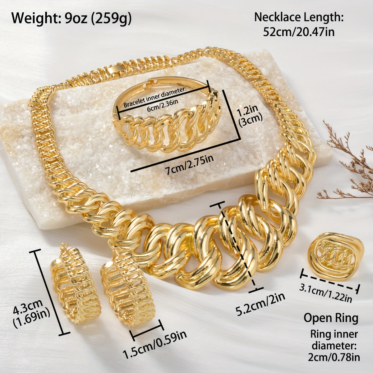 The Zeadeaer Women's Copper Jewelry Set features a stunning Bold Hollow Interlocked Circle Choker Necklace, Earrings, Bracelet, and Ring. This geometric and classic set exudes luxurious elegance, perfect for any party or banquet. With no mosaic design