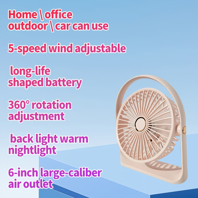 Compact LED table fan featuring a backlight, 6-inch size perfect for personal use. Rechargeable via USB with a long-lasting 1200mAh lithium battery for quiet operation. Great for office, fishing, camping, and travel. Makes an ideal gift for Father's Day