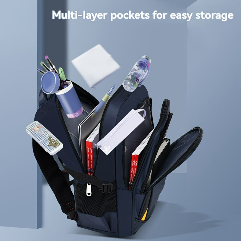 Large capacity multi-layer backpack with side pocket for bottle or umbrella, suitable for students' daily commute, library visits, and outdoor activities.