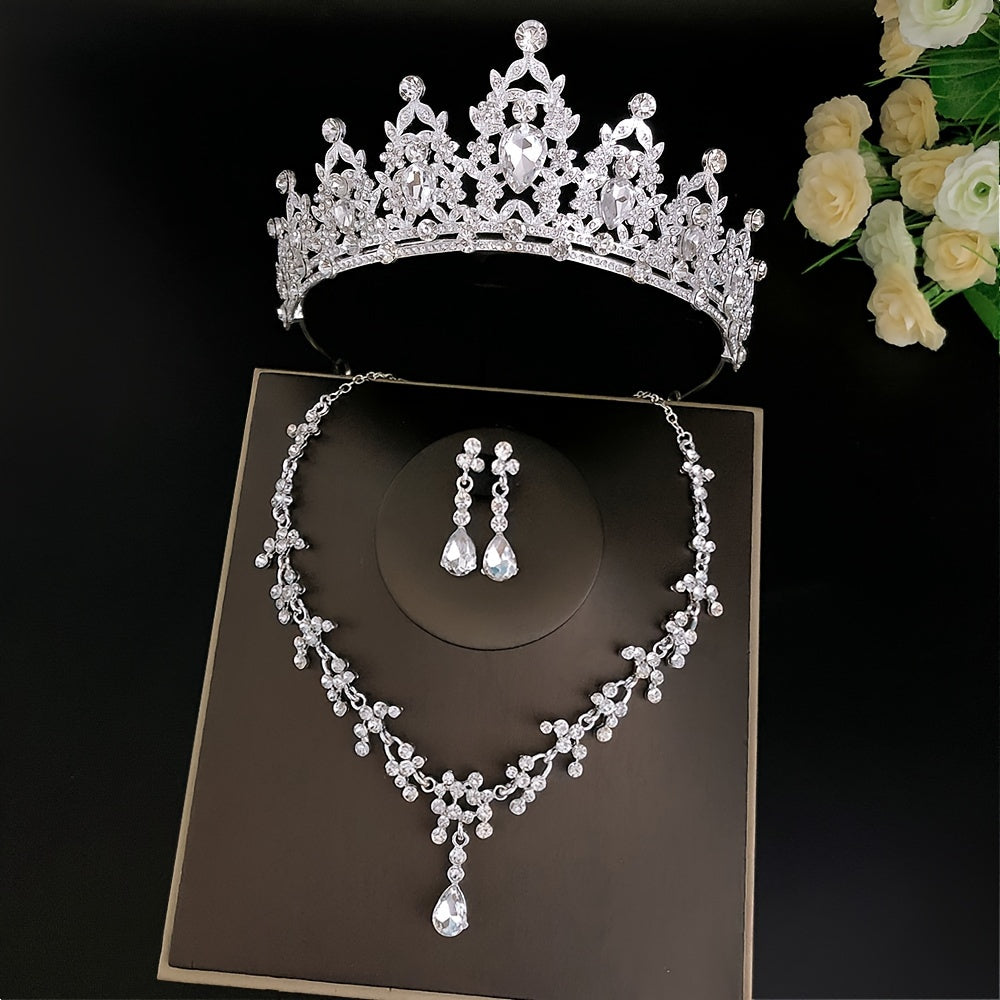 Crystal bridal tiara and crown earrings, necklace jewelry set for women and princess girls. Jeweled wedding tiara for brides, perfect for birthdays and cosplay. This set includes three pieces.