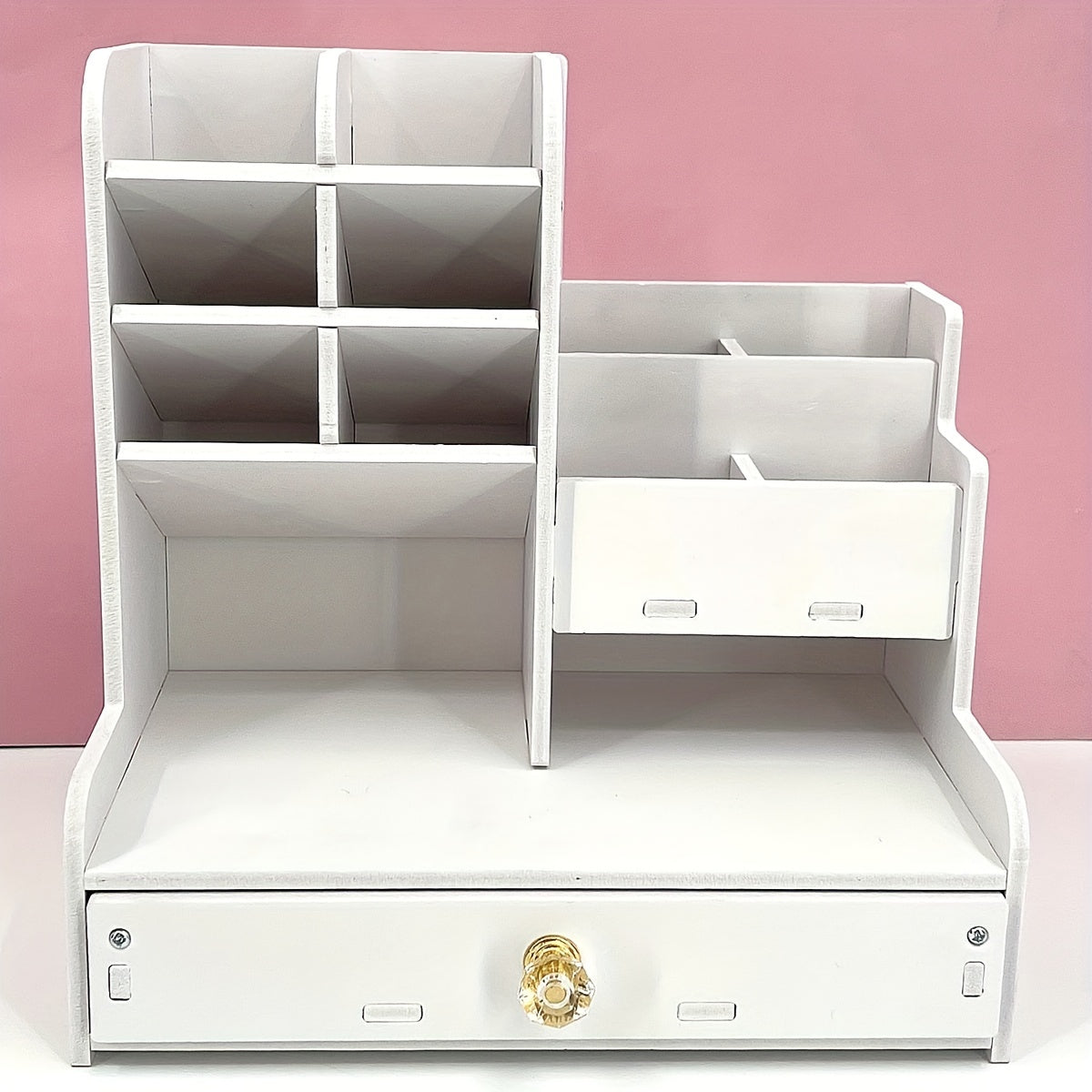 White Desktop Bookshelf with Slant Plug-in Pen Holder, Drawer and Marker Storage Box.