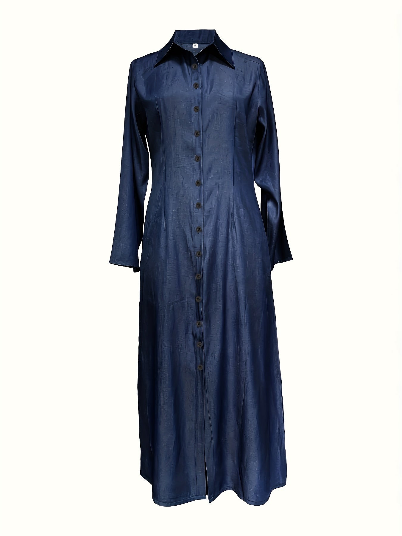 Solid maxi dress with button front, long sleeve and collar.