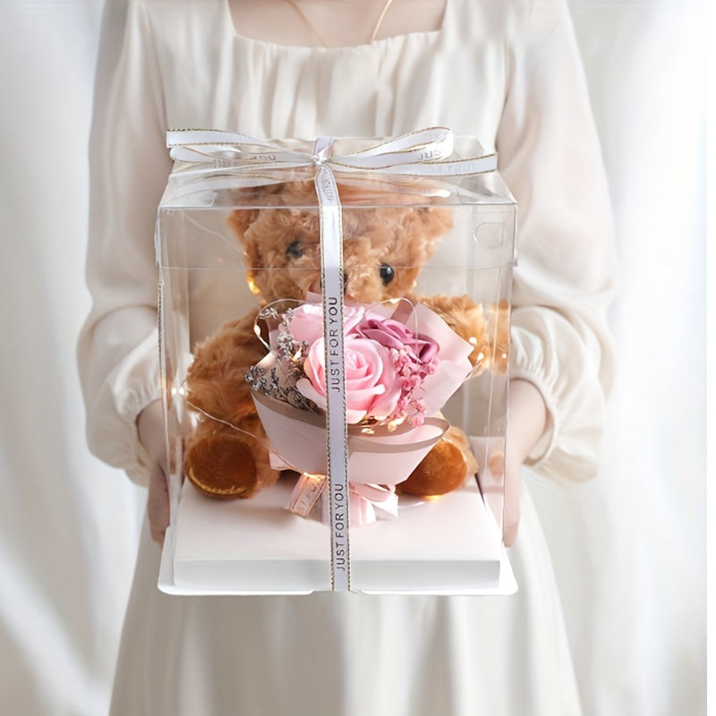 Valentine's Day Gift Box featuring a Adorable Bear Bouquet, Soap Flower Bear Holding Flower Main Gift, Ideal for Christmas, Birthdays, Nurse's Day, Teacher's Day, and other Special Occasions. Simple Assembly Required. Great All-Purpose Gift Box.