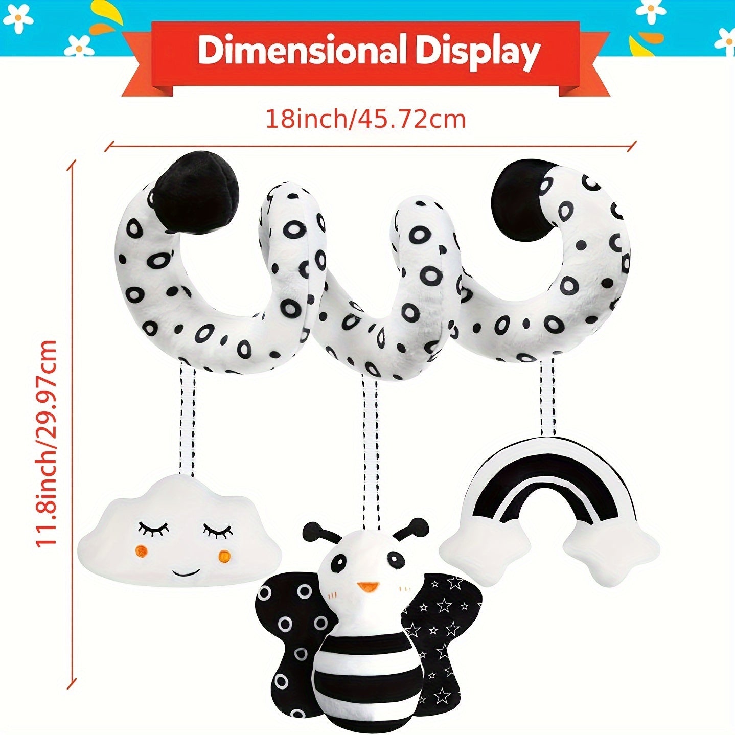 Newborn plush activity toy for bed, bassinet, crib, or baby carrier. This black and white high contrast spiral hanging stroller and car seat toy is perfect for stimulating your baby's developing senses. Great as a gift for new parents.