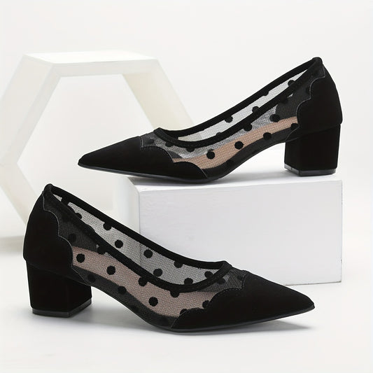 Women's Elegant Polka Dot Mesh Pumps with Pointed Toe, Low Chunky Heel