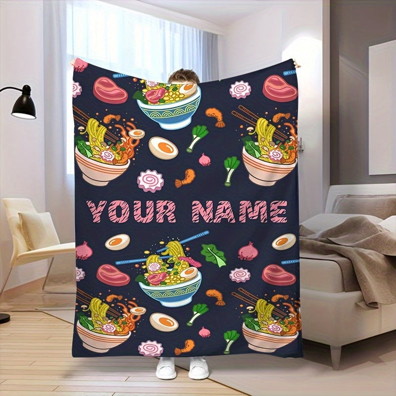 Personalized Fun Ramen & Pink Donut Food Blanket - Cozy Flannel, Versatile Throw for Bedroom, Travel & Picnics - Safe for Allergies, Dessert-themed, Perfect for Girls' Room Decor