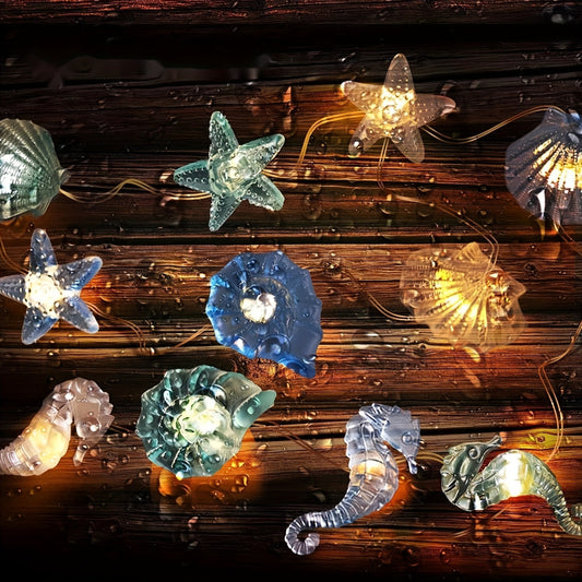 Sea Horse Starfish Shell Conch LED String Lights, Battery Operated for Decorative Lighting in various settings.