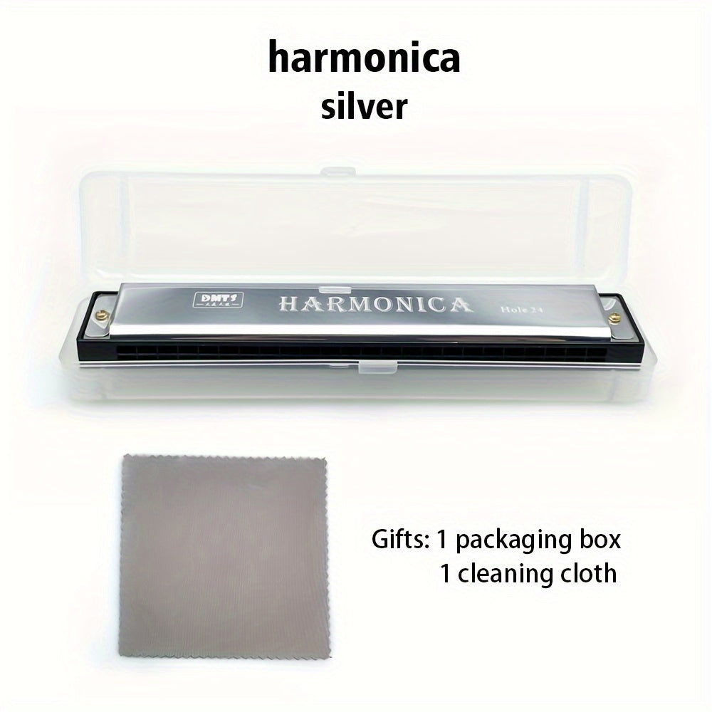 24-hole Golden Harmonica in C Major for all skill levels, includes box, available in white, red, blue, and black.