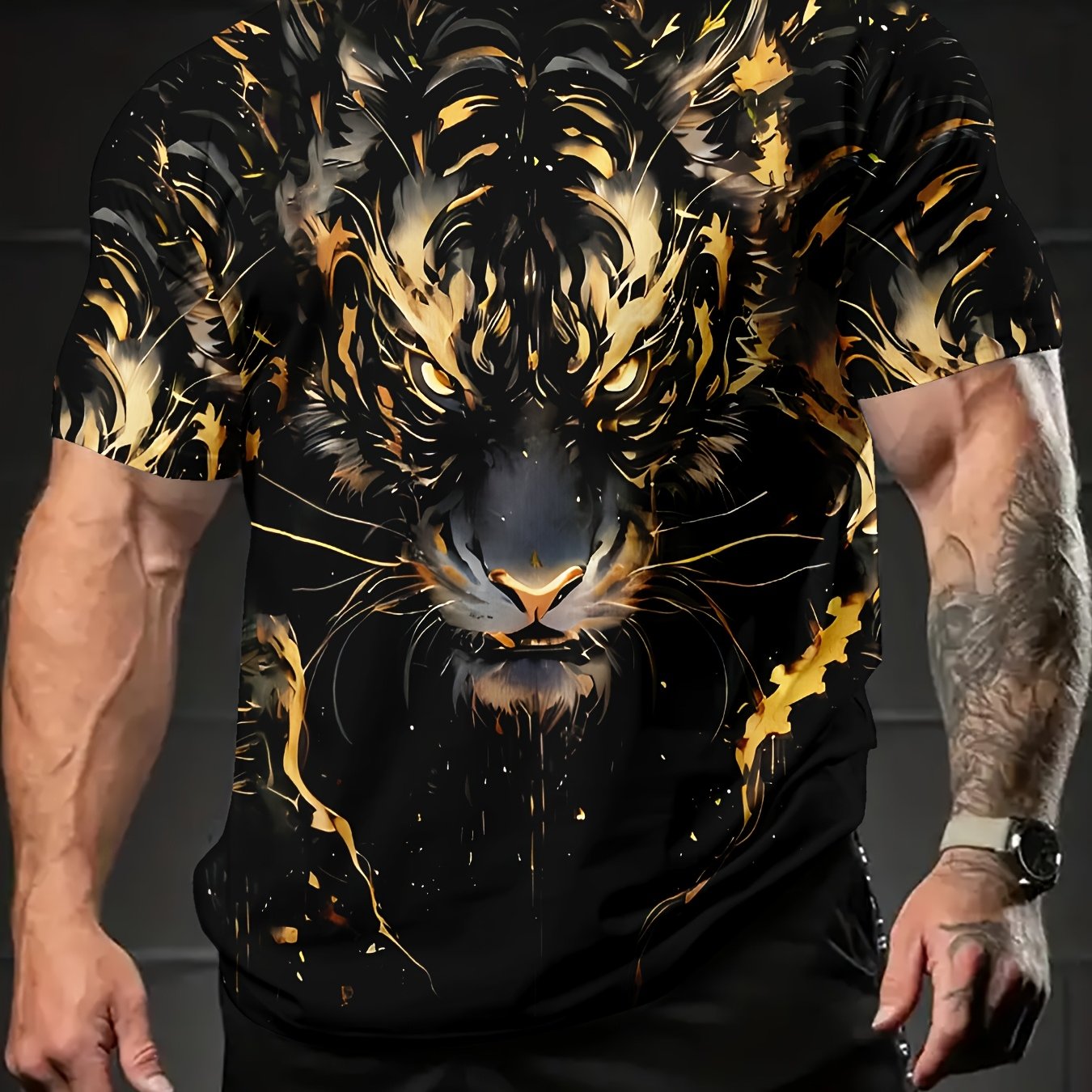 Men's casual crew neck t-shirt with black and golden oil tiger print, made of polyester knit fabric with slight stretch, ideal for daily and weekend wear.