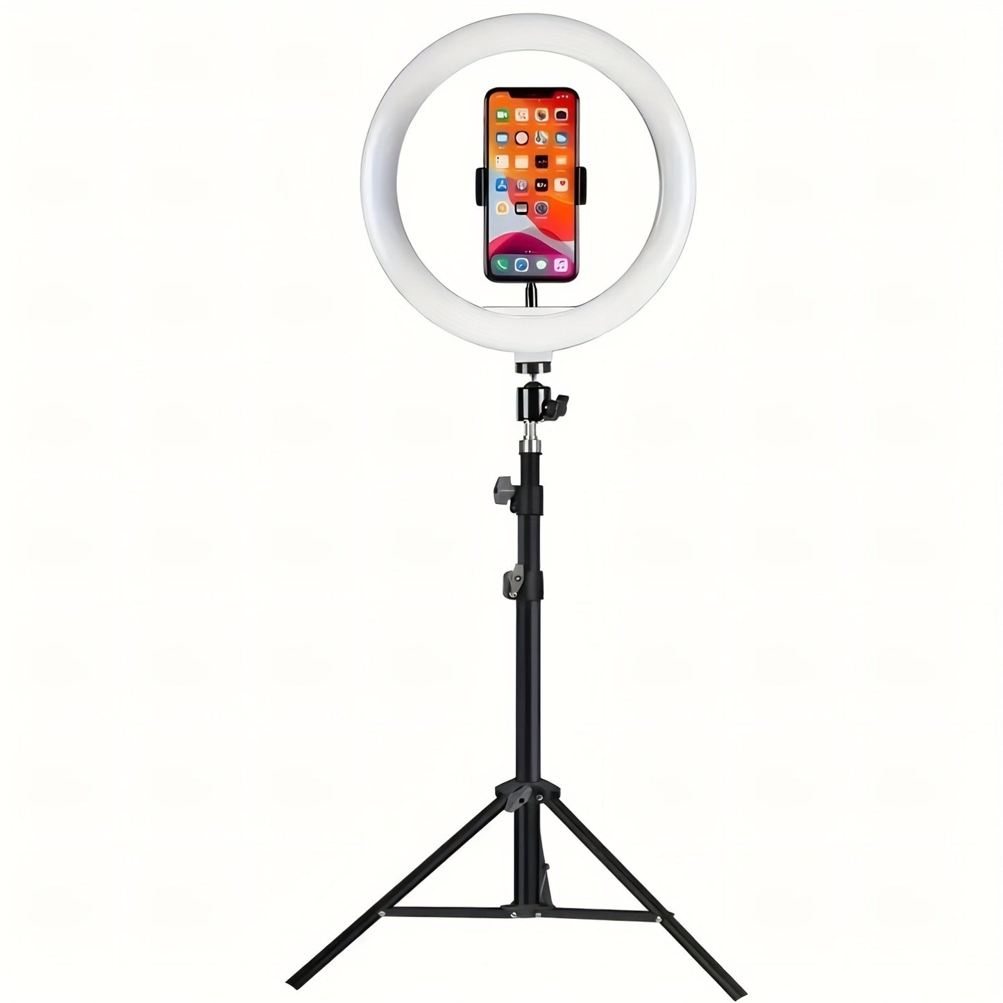 USB-powered selfie ring with adjustable tripod stand, phone holder, and LED circle for photography, video recording, and live streaming.