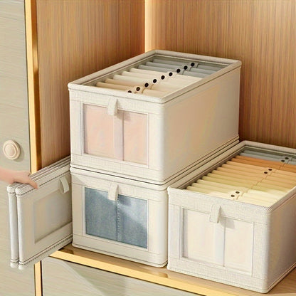 Rectangle fabric storage box with clear window, flip top closure and foldable lid for home organization.