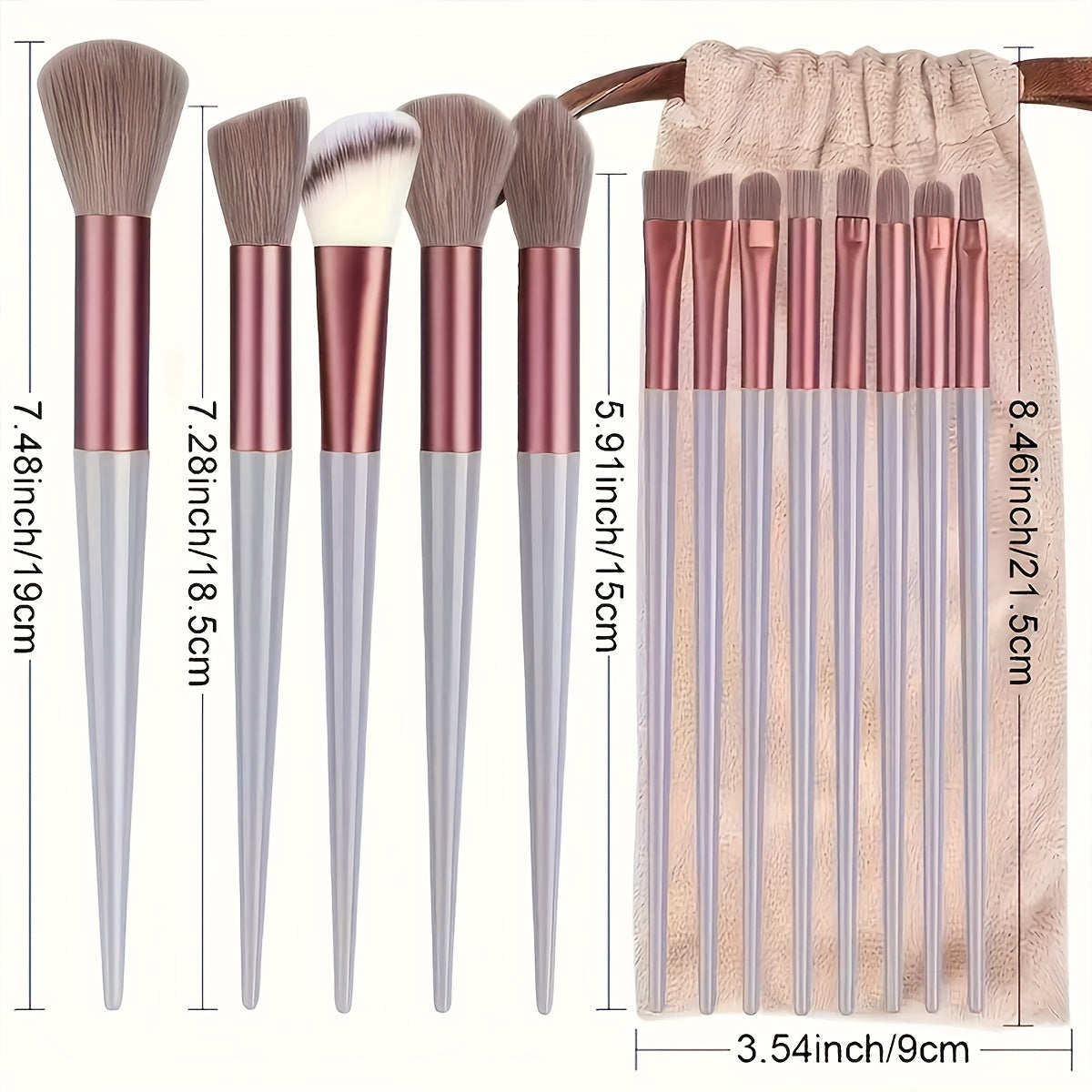 Travel-friendly makeup brush set with 13 pieces featuring nylon bristles and ABS handles, suitable for foundation, eyebrows, concealer, and eyeshadow for all skin types.