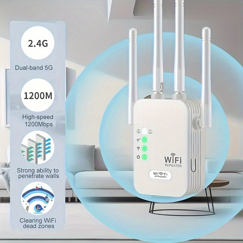 Momotor WiFi Range Extender boosts signal with 1200Mbps speed, dual-band repeater with Ethernet port. Ideal for home, office, or commercial use. Supports AP/Repeater modes, European plug.