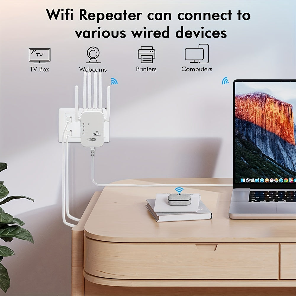 1 Momotor WiFi Extender boosts 2.4GHz signal with Ethernet port, power supply, European plug, non-waterproof design, and AP/Repeater modes for various settings.