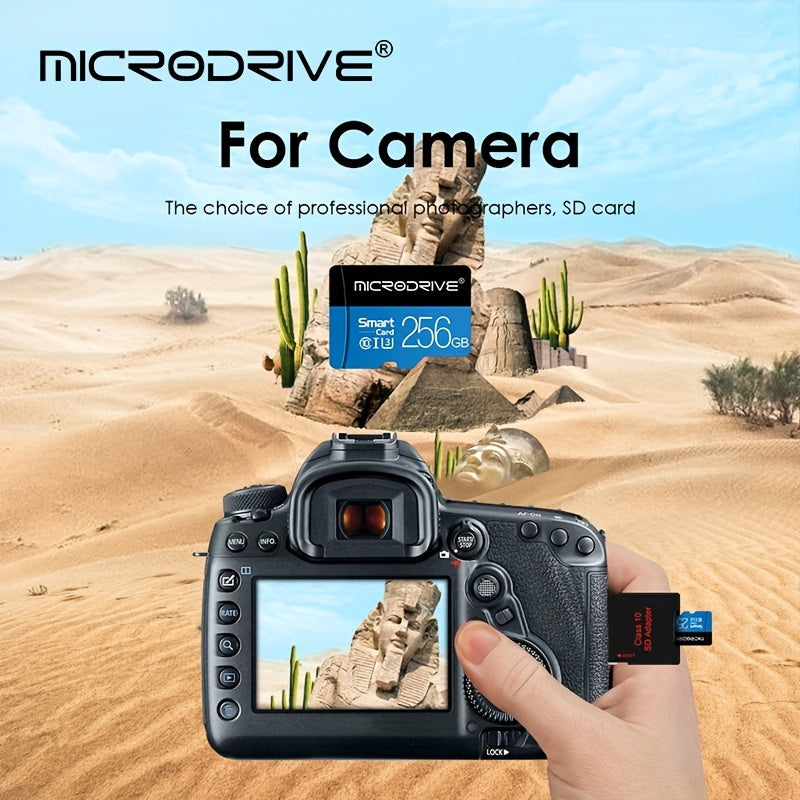 Microdrive Blue Class 10 TF Memory Card is available in 32GB, 64GB, 128GB, and 256GB with U3 support, includes an SD adapter for smartphones and DVRs.