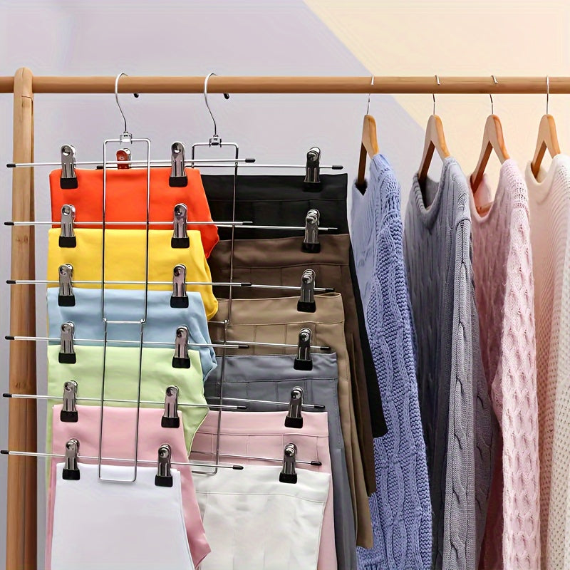 6 Tier Folding Hanger with Clips for Pants and Skirts - Multifunctional Organizer for Clothes, Perfect for Home or Dorm Rooms