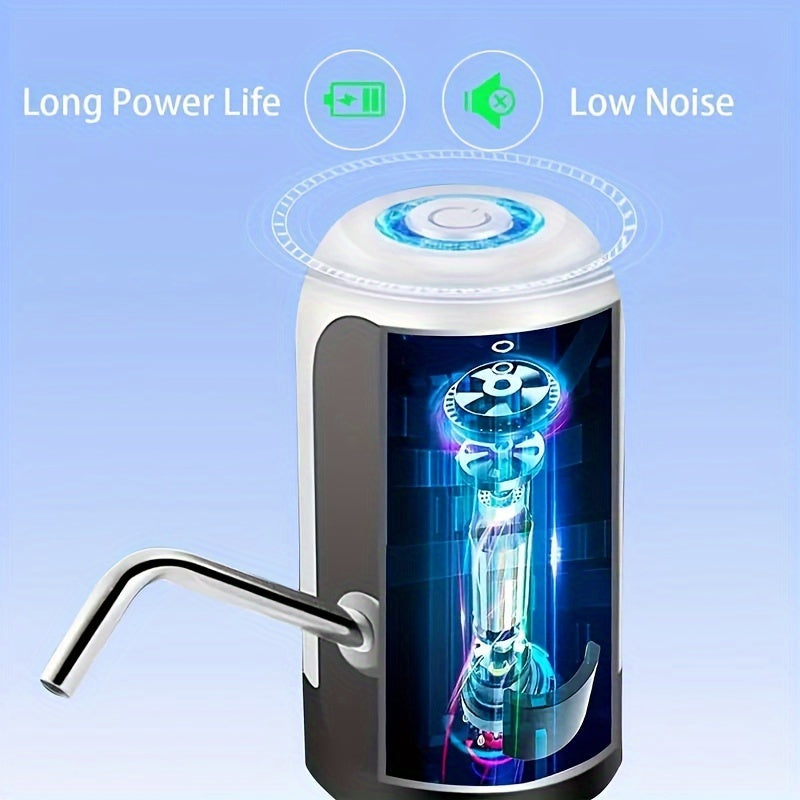 USB rechargeable water pump with LED indicator for 11.36-18.93 L bottles. Perfect for camping and home use. High-quality solution for drinking water on-the-go. Mini dispenser.