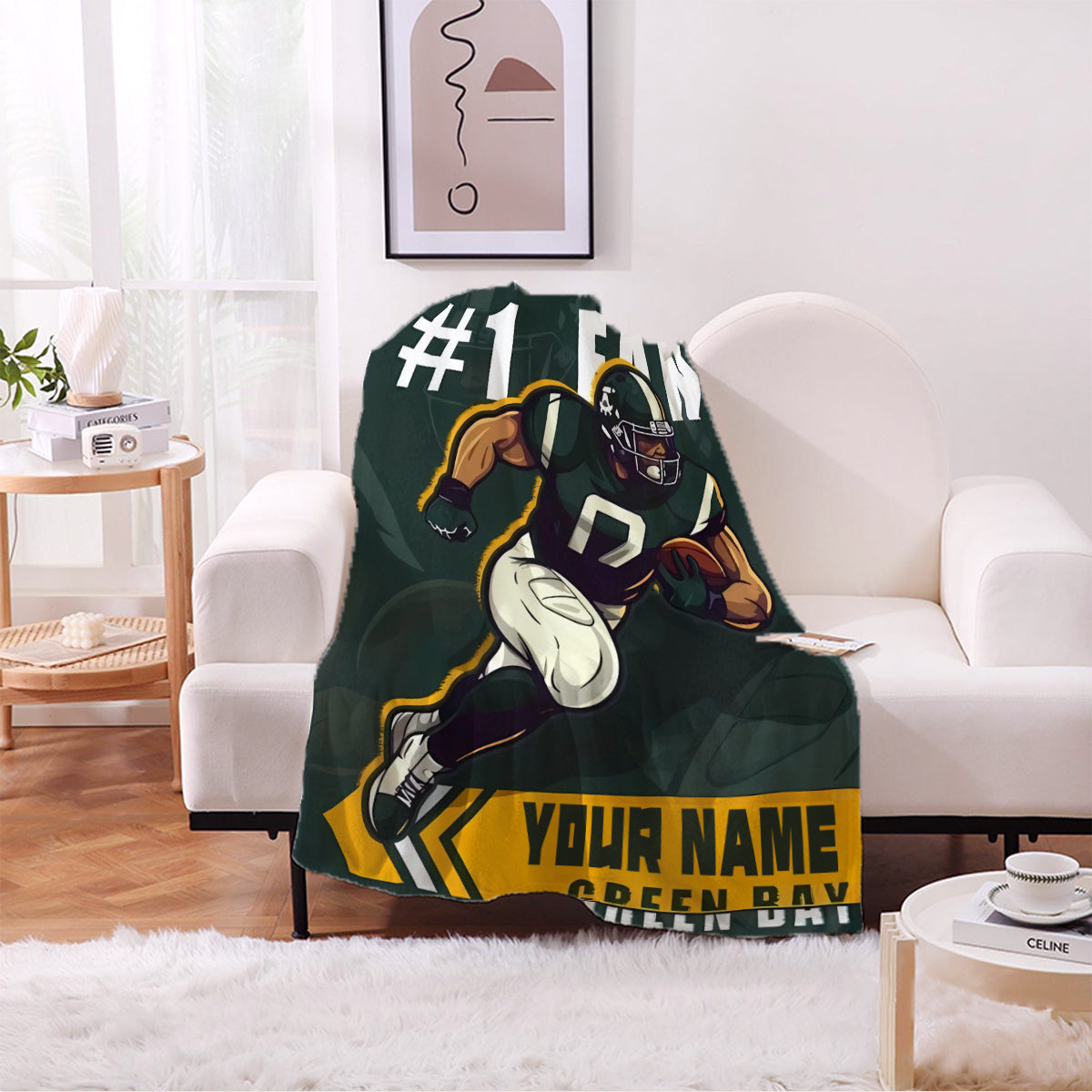 Personalized Green Bay Football Team Flannel Throw Blanket - Customizable Name Option, Luxuriously Soft for Home and Travel Décor