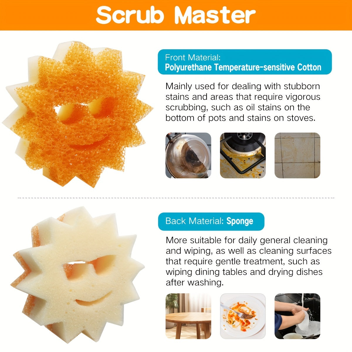 Get the ultimate cleaning tool with the 1 Pack Home Times Scrub Master Color Sponge. This BPA-free multipurpose dish sponge is scratch-free and made from polymer foam, making it stain and odor resistant. Perfect for cleaning in the kitchen, office desk