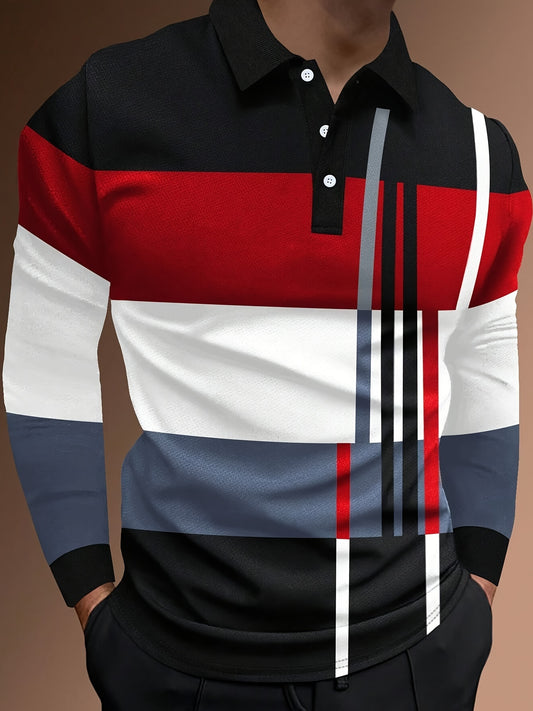 Color block striped shirt for men perfect for golf and outdoor activities, featuring long sleeves and button-up collar.