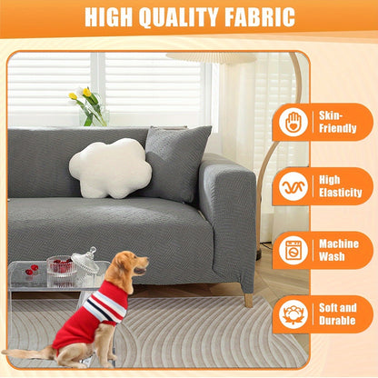 Pet-friendly sofa cover in gray striped jacquard fleece with elastic band, non-slip bottom, and all-season dust protection. Stylish and snug fit for living room furniture.