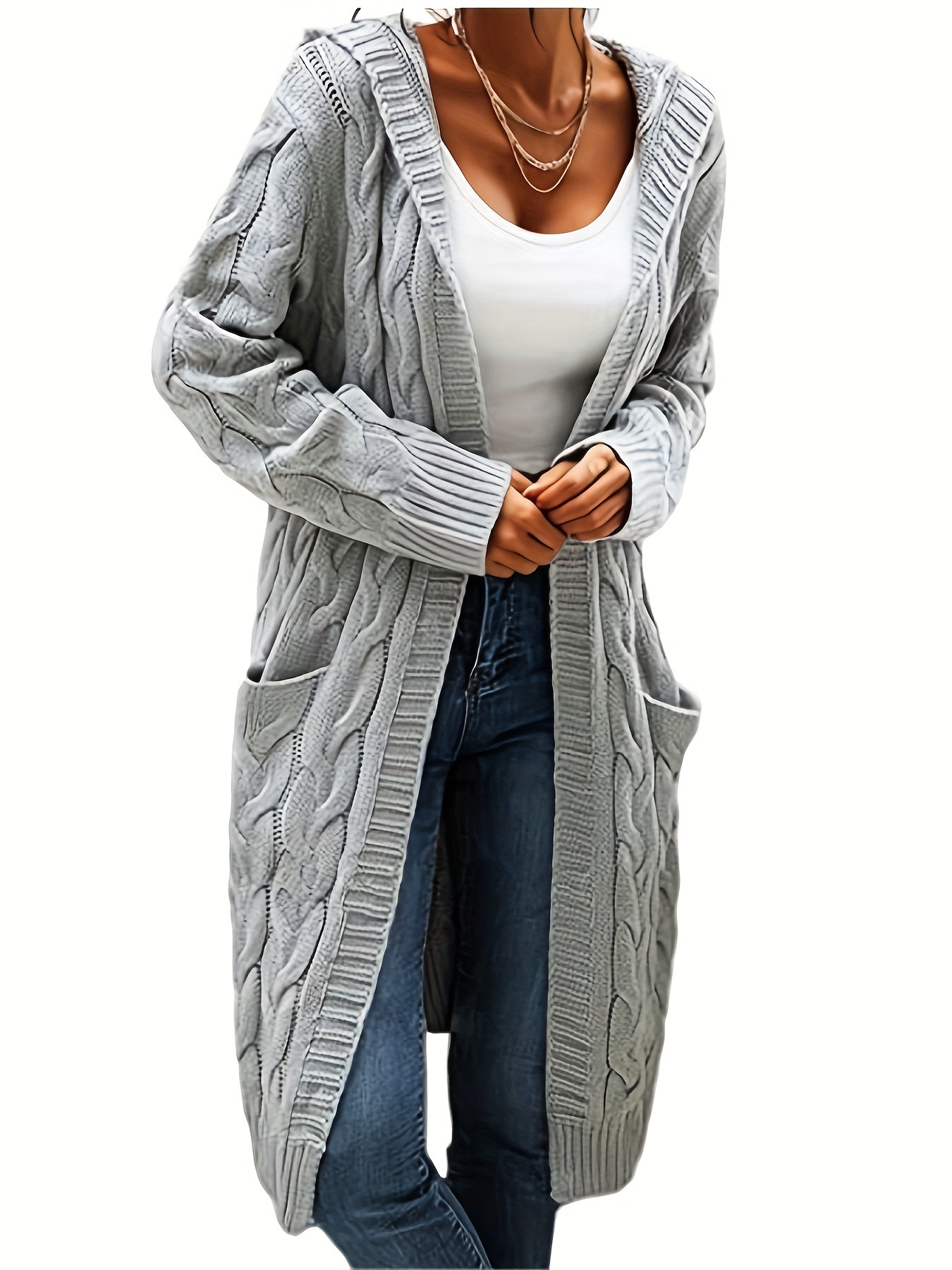 Casual hooded cardigan with cable knit pattern and front pockets, made of cozy acrylic for fall/winter. Machine washable and perfect for layering.