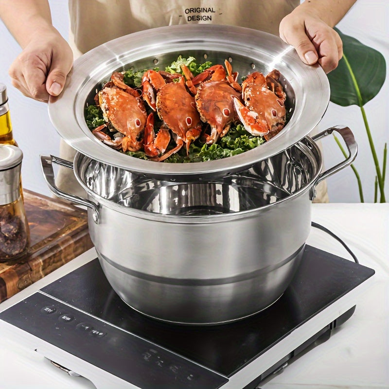 Stainless Steel Flying Saucer Steamer with Lid - Multi-Functional 1pc Accessory for Home Cooking, Fruit Storage, Pot Stand, and Steaming Rack - Compatible with 24-28cm Cookware