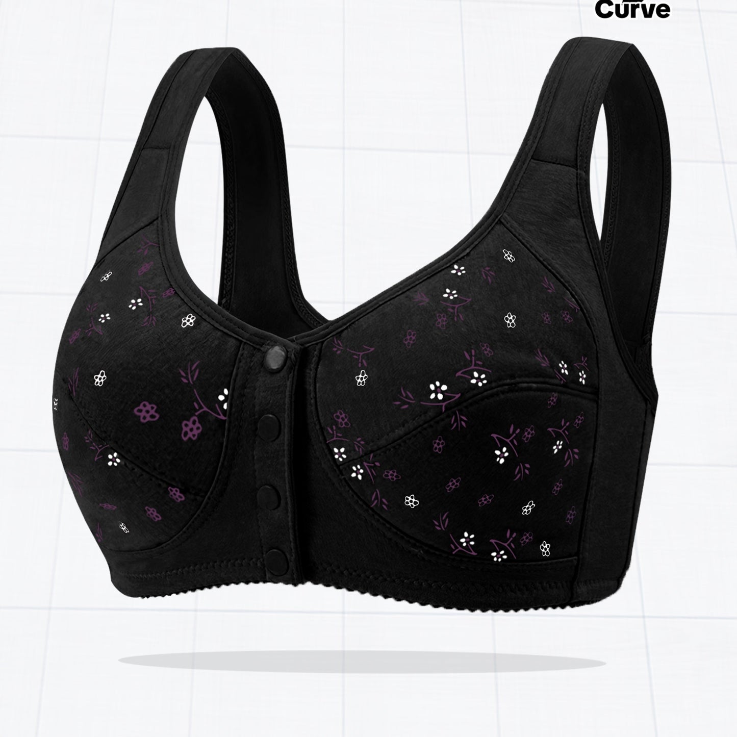 Plus size printed front button sports bra for women's yoga and exercise wear.