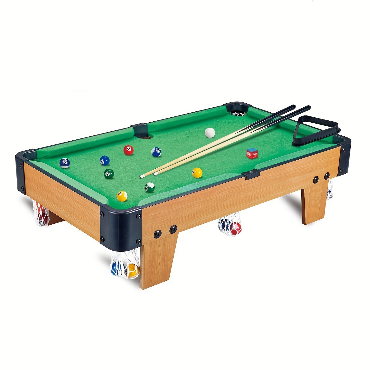 3 sizes of self-assembled pool tables with cues and 15 balls. Ideal for multiple players, made with a wooden frame for indoor fun.