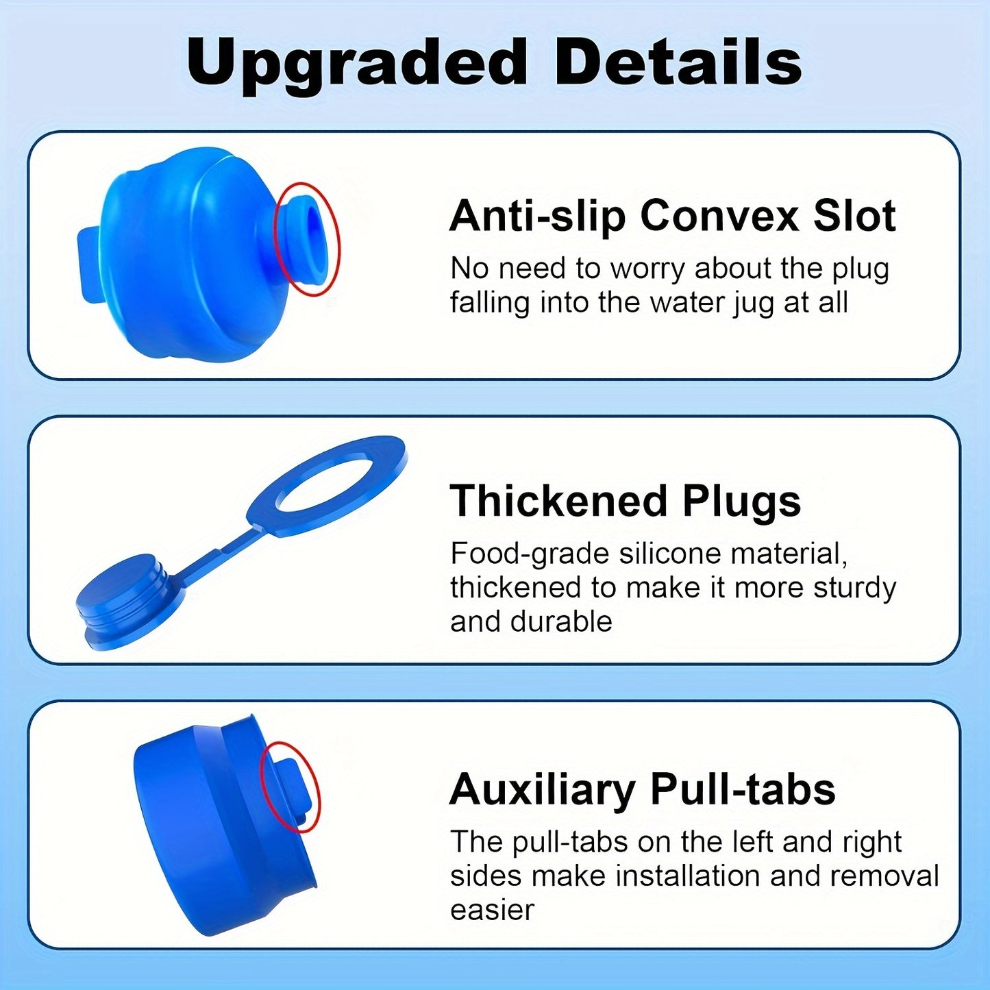 Food-grade silicone caps for various sized water jugs with wide mouths, anti-slip slot, thick plugs, and pull-tabs.