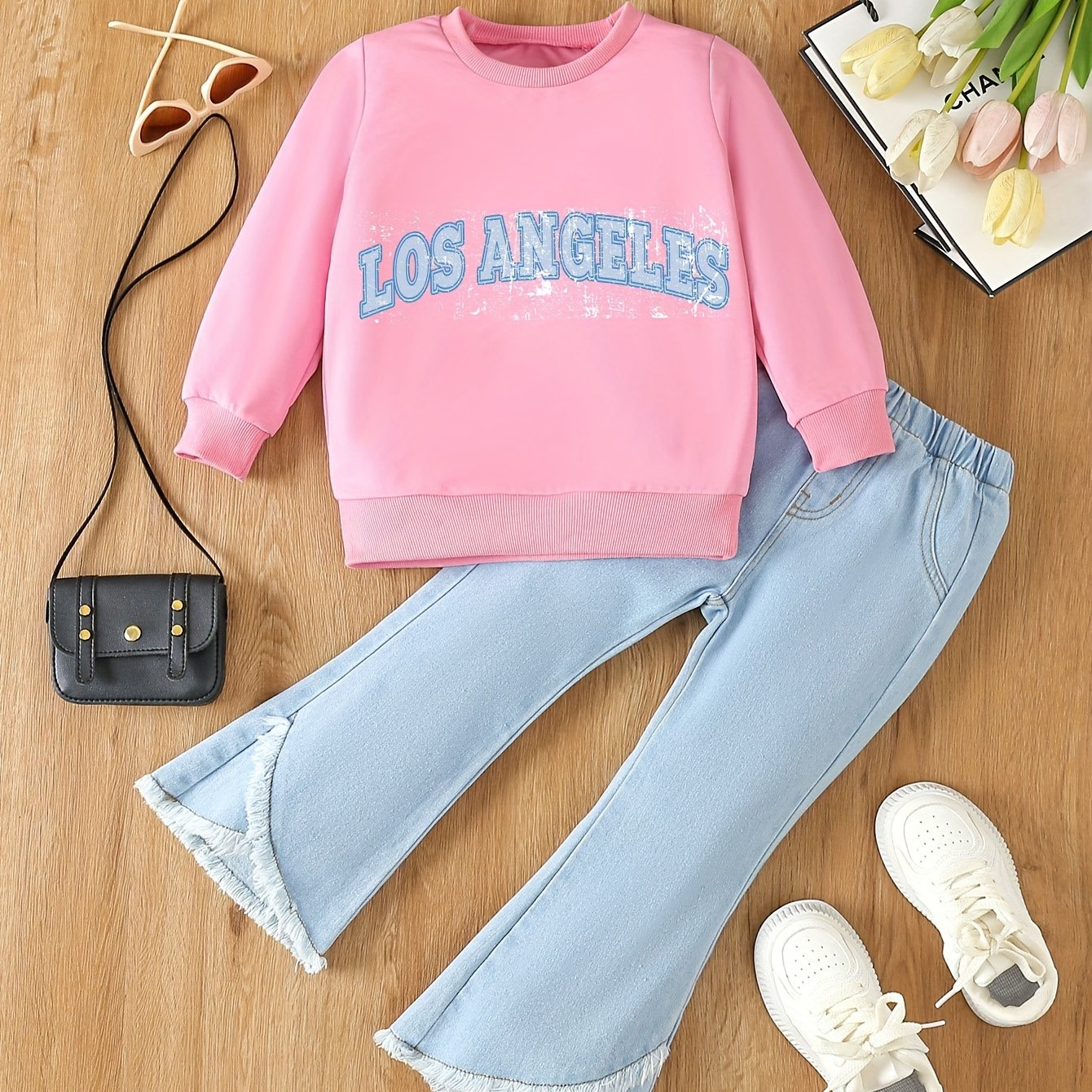 Girl's casual style sweatshirt with letter print and denim bell-bottomed fringe pants set for spring and autumn