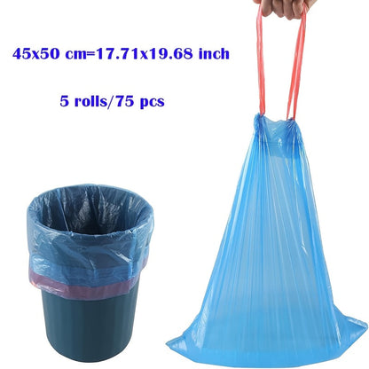 75 pieces of multi-colored disposable trash bags made of durable, leak-proof polyethylene for easy cleanup in the kitchen, bathroom, bedroom, and living room.