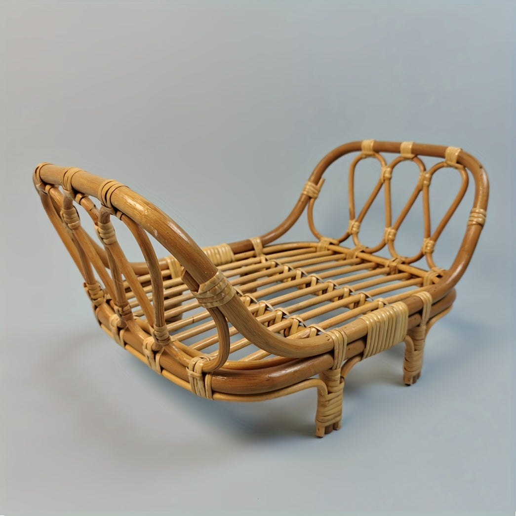 Charming Retro Rattan Kids Photography Set - Adorable Ginger Yellow Bed & Chair Props for Studio Sessions, Ideal Memento