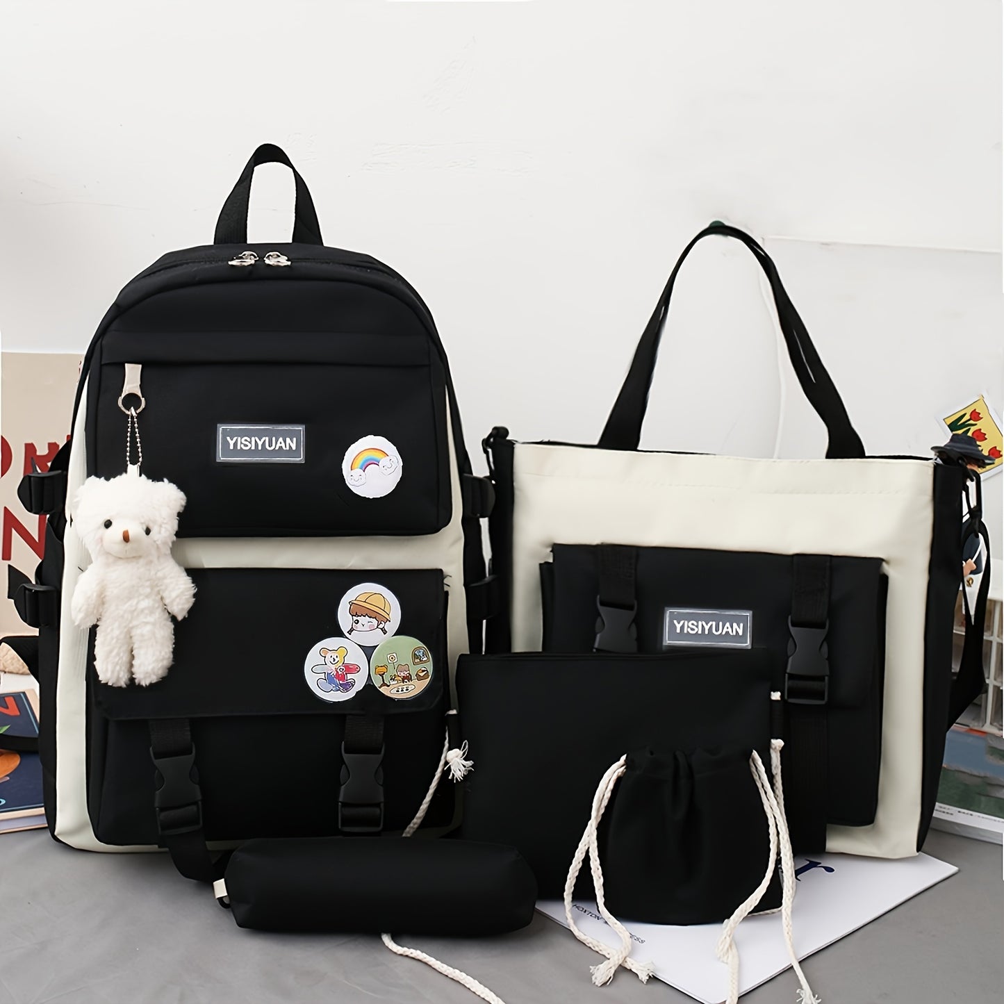 New stylish women's campus backpack with badge pendant, five-piece set