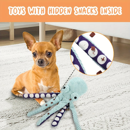 Interactive plush octopus dog toy makes sounds and is suitable for all breeds, no batteries needed.