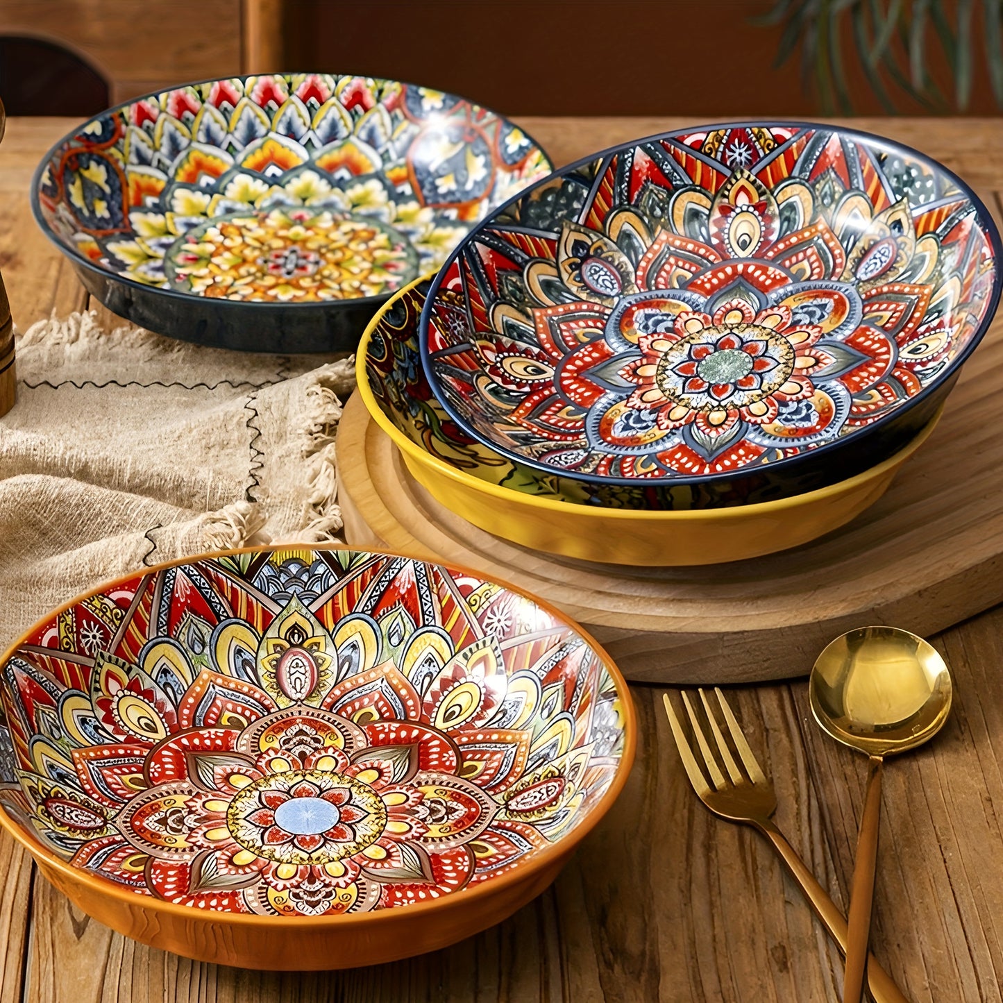 1pc 8-inch Bohemian Style Ceramic Dinner Plate suitable for home and restaurant use. Microwave safe.