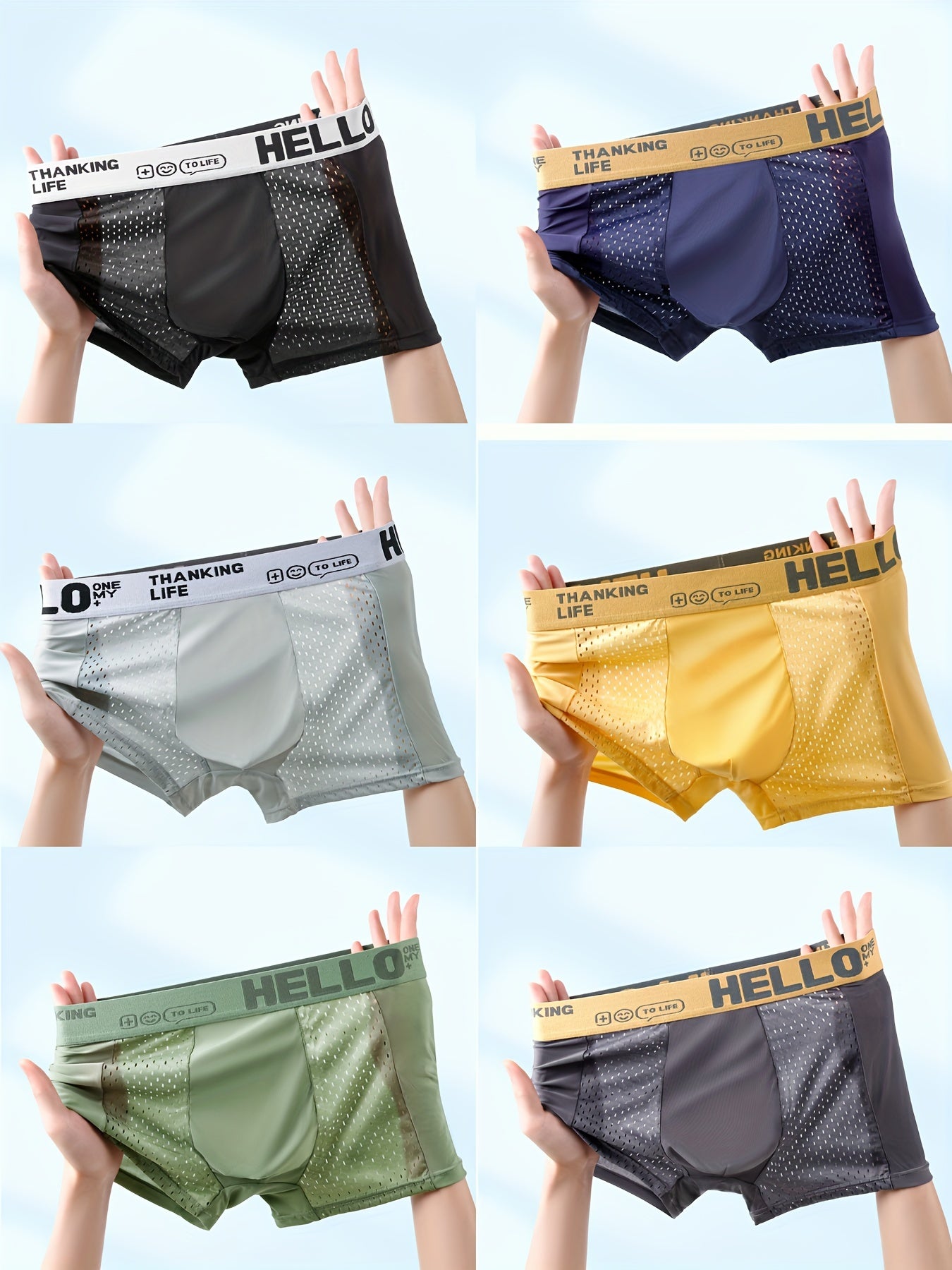 6 men's breathable mesh boxer briefs with HELLO waistband, cooling fabric, solid color - machine washable