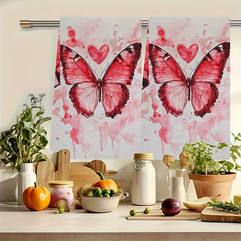 Get into the Valentine's Day spirit with these two ultra soft kitchen towels featuring a vibrant red butterfly and heart design. Made from highly absorbent polyester, these dish hand towels are machine washable and measure 40.64x60.96 cm. Perfect for