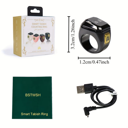 Fashionable Smart Prayer Watch Ring with prayer counter, reminders, directional guide, OLED screen, long-lasting battery, declaration alarm, beads, and charging cable. Perfect gift for