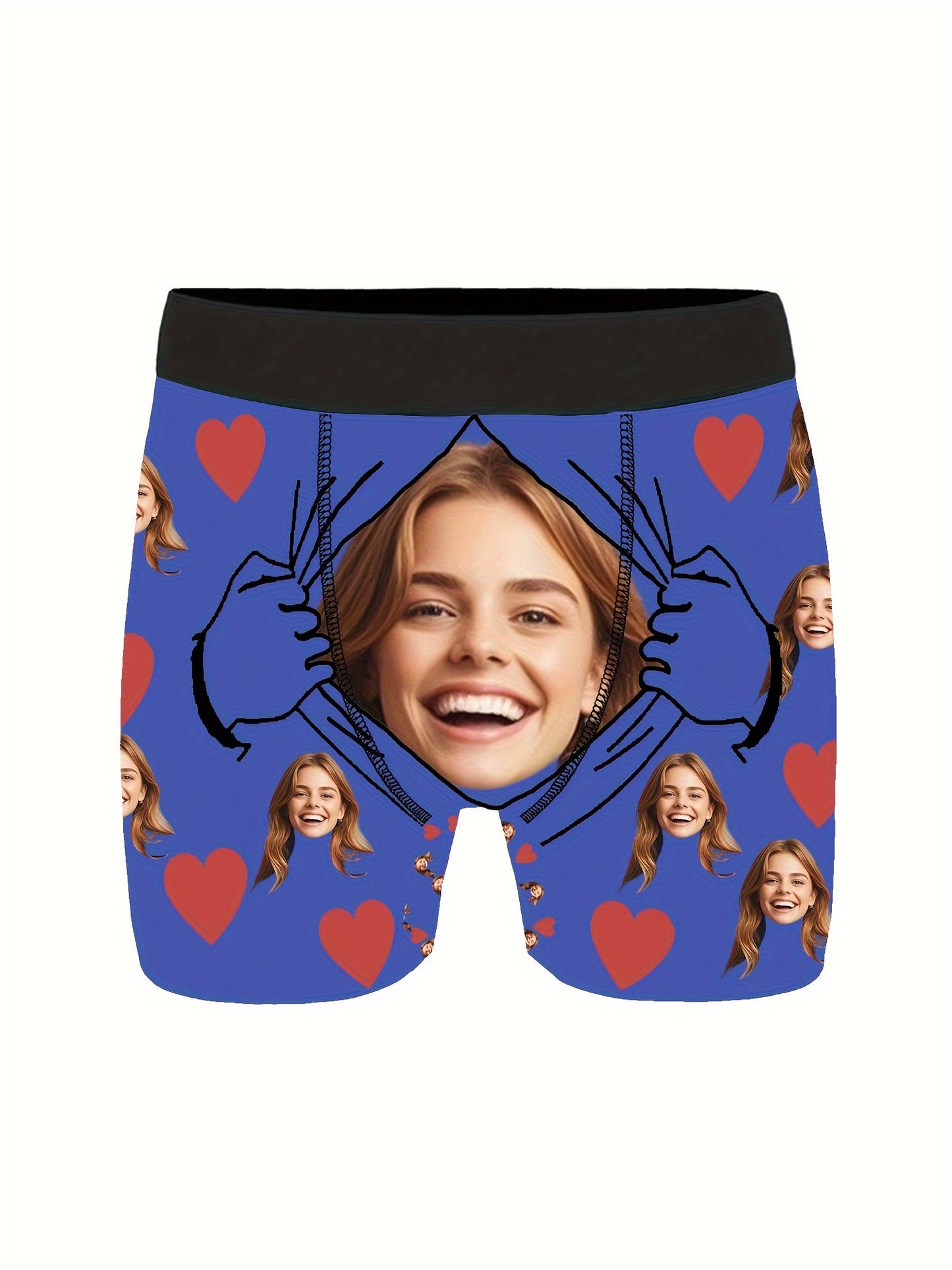 Custom shortie polyester boxers with medium stretch, portrait pattern design, and personalized photo, suitable for Dad, Husband, or Boyfriend. Funny and unique gift option.