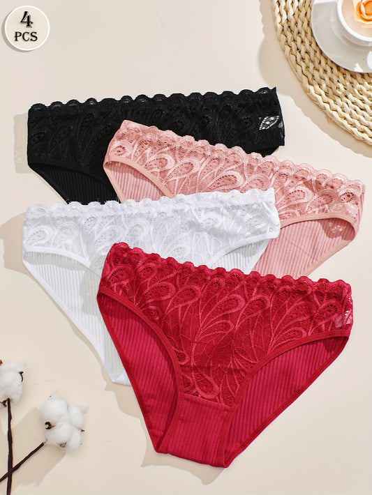 Four paisley lace briefs, sexy and comfortable stretchy intimates for women.