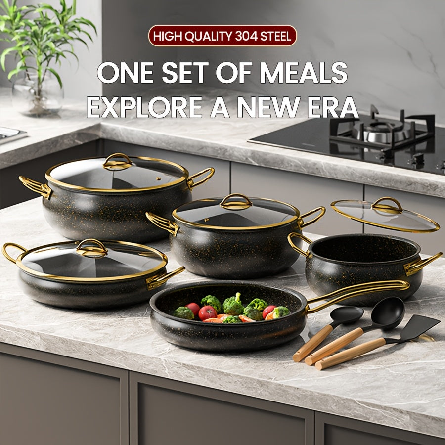 This stainless steel cookware set includes 12 pieces, featuring a triple-layer high-temperature resistant non-stick coating. The set also has golden-plated handles and heat-resistant silicone wood utensils. It is easy to clean, ensures even heat