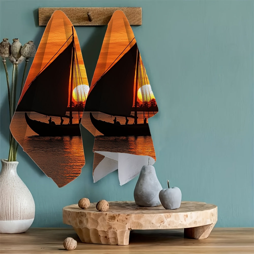 Set of 2 Ultra Soft Kitchen Towels featuring a beautiful Indian Ocean sunset sailboat scene. These towels are highly absorbent and machine washable, measuring 40.64x60.96 cm. Perfect for coastal decor and using as dish towels.