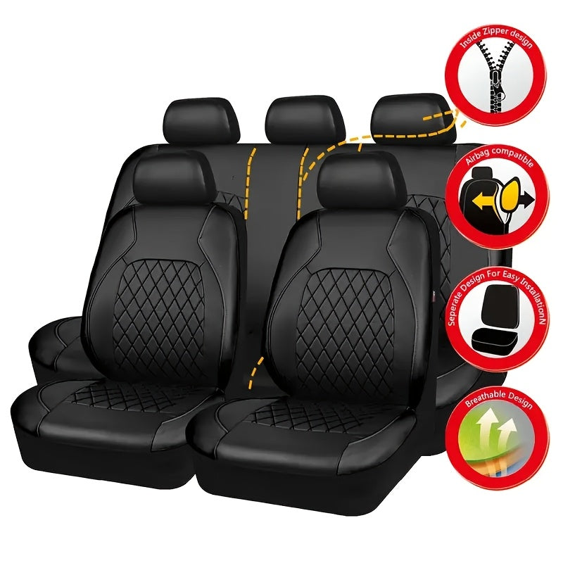 Luxury 5-seater car seat covers with diamond stitching, sponge padding, airbag compatibility, and easy installation for SUVs, cars, and trucks.