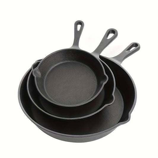 Set of 3 Cast Iron Skillets with Drip-Spouts, Pre-Seasoned for Oven Safety, Ideal for Camping and Cooking Indoors or Outdoors